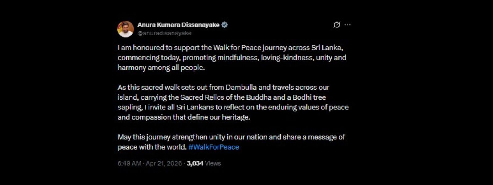 President Dissanayake Endorses Int. Peace Walk